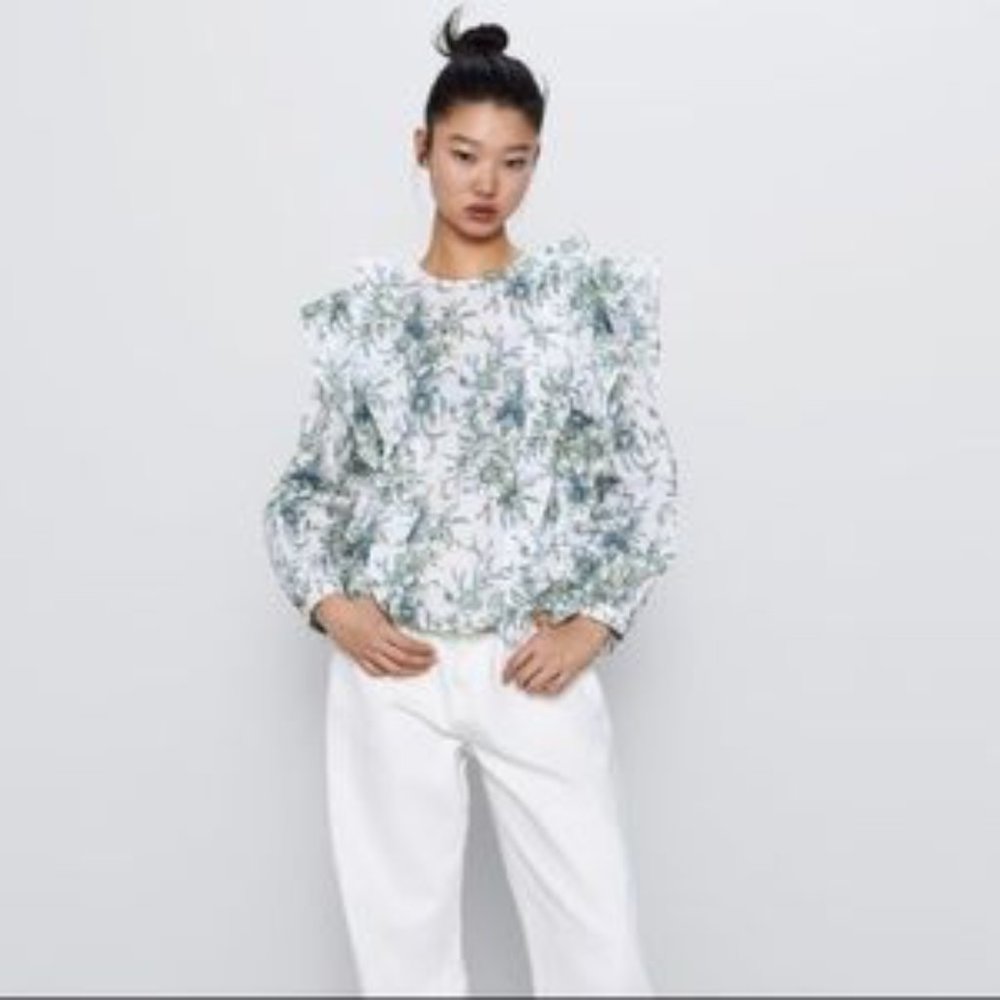 Zara Floral Print Side Ruffled Blouse